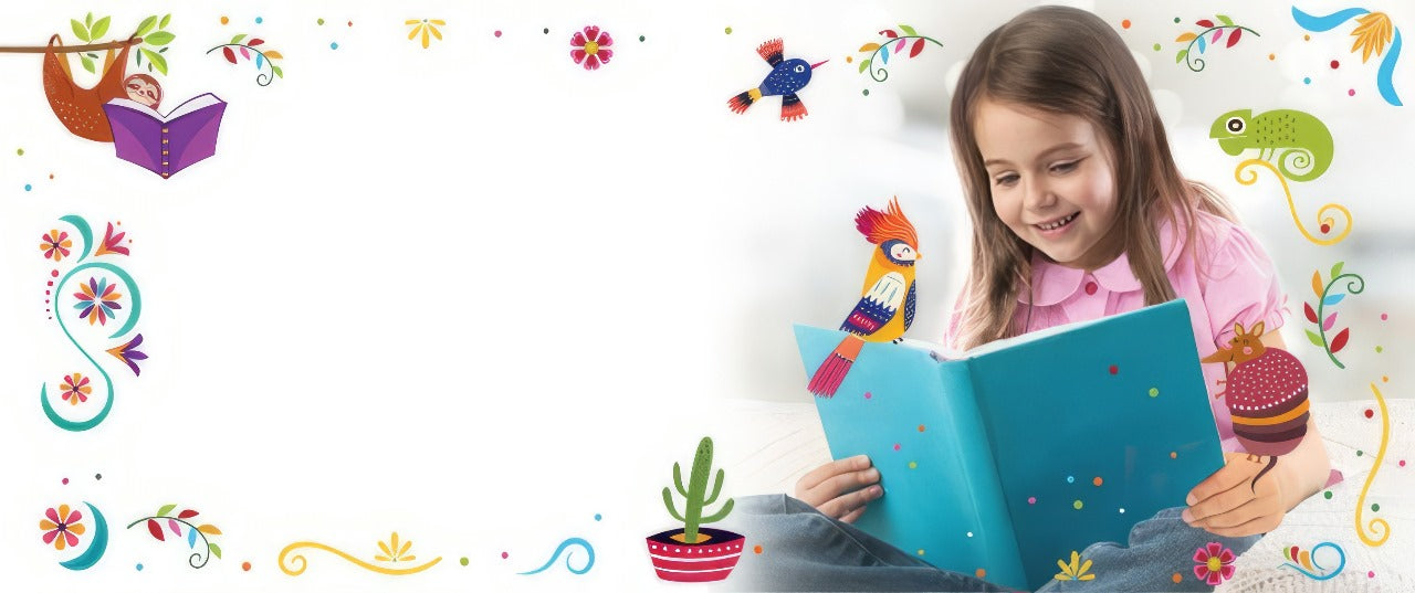 Girl reading Bilingual book - Lulo Libros Homepage Banner