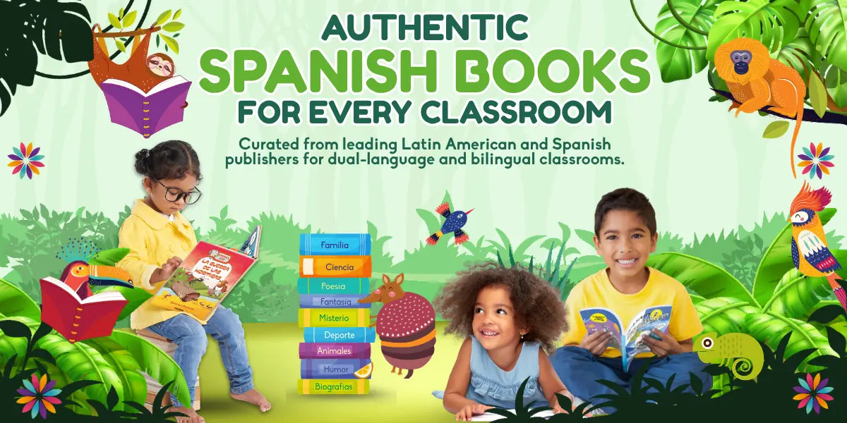 Promotional graphic for 'Authentic Spanish Books for Every Classroom' homepage featuring three children reading in a colorful jungle-themed classroom setting with illustrated books, parrots, a toucan, and green foliage.