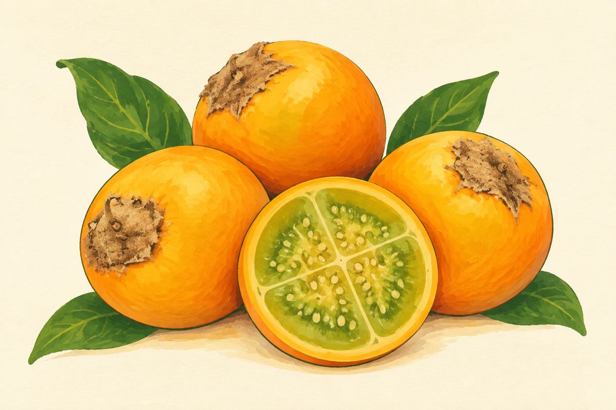 Storybook-inspired illustration of golden lulo fruit with a green cut center